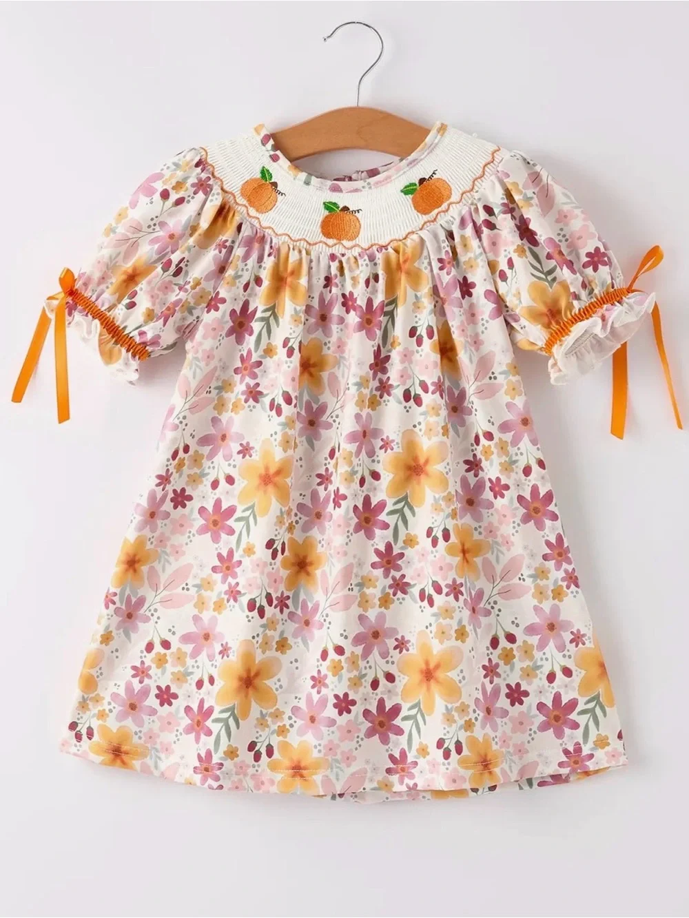 Rylee Faith Thanksgiving Pumpkin Embroidery Smocked Floral Girls Dress